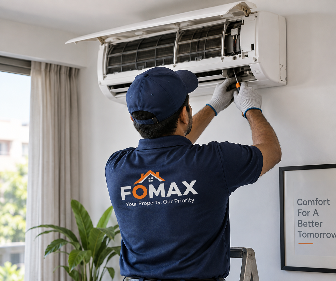 FOMAX technician servicing an air conditioner